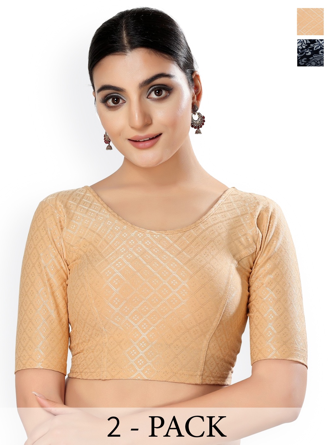 

SALWAR STUDIO Pack Of 2 Printed Round Neck Saree Blouses, Navy blue