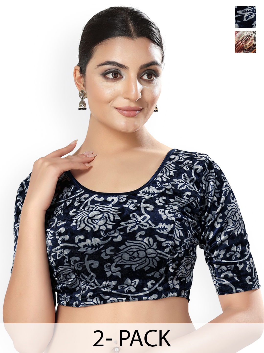

SALWAR STUDIO Pack Of 2 Printed Saree Blouse, Navy blue