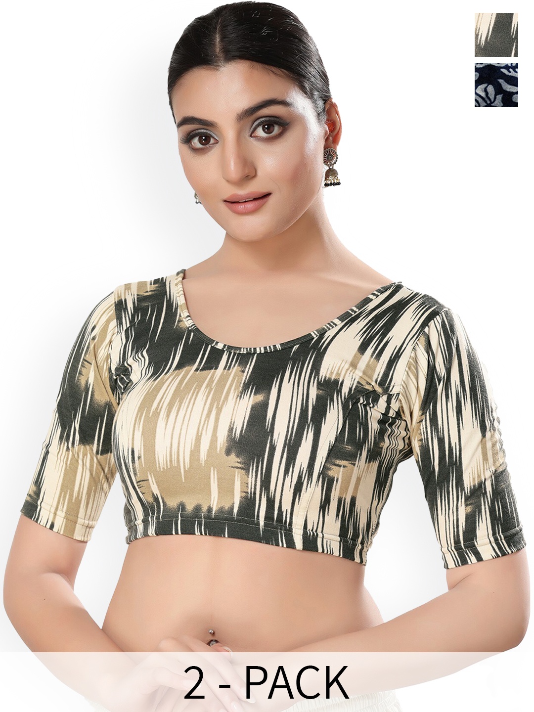 

SALWAR STUDIO Pack Of 2 Printed Saree Blouse, Navy blue