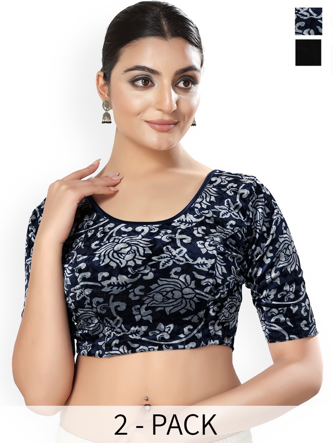

SALWAR STUDIO Pack Of 2 Round Neck Saree Blouses, Navy blue