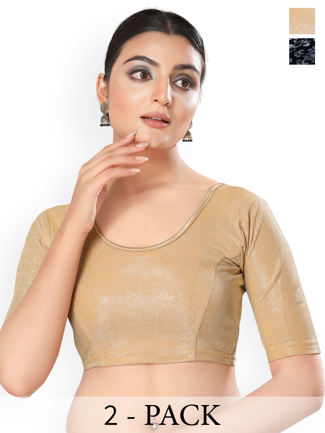 

SALWAR STUDIO Pack Of 2 Printed Saree Blouse, Navy blue