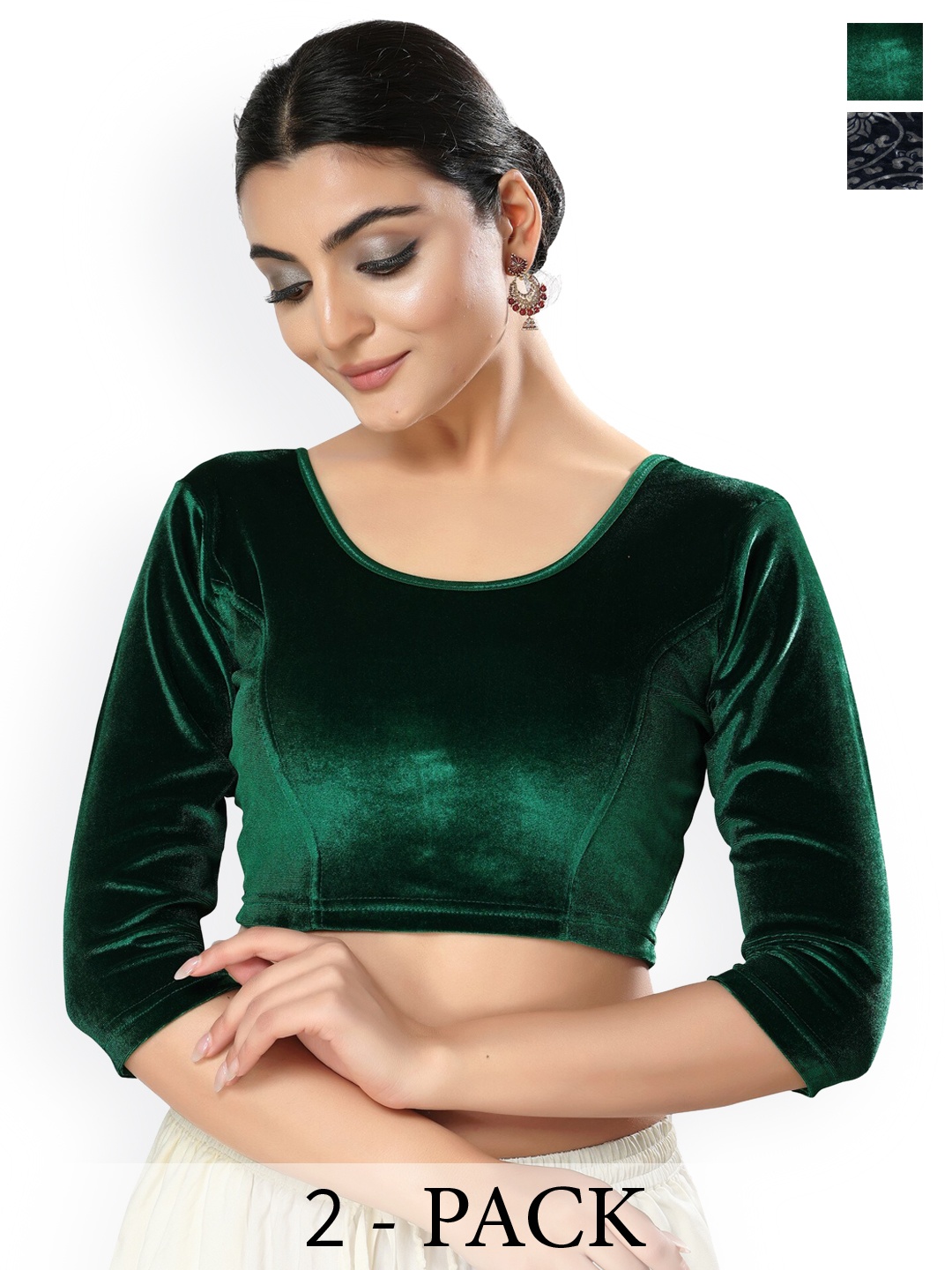 

SALWAR STUDIO Pack Of 2 Round Neck Saree Blouses, Green