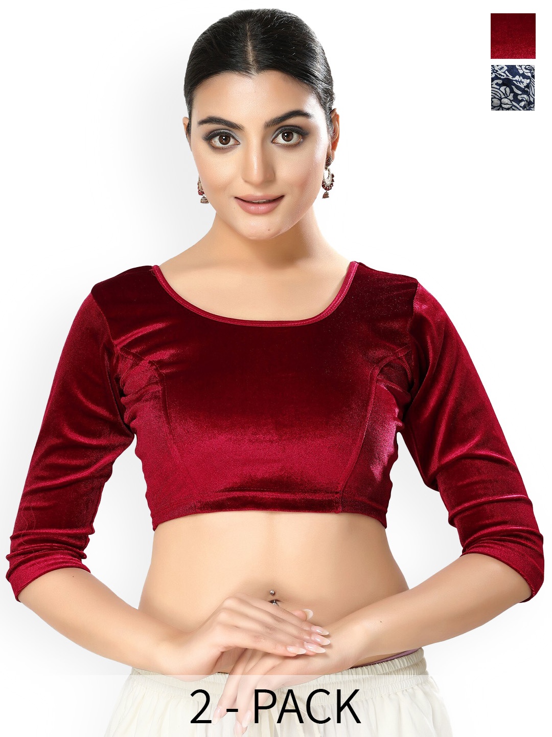 

SALWAR STUDIO Pack Of 2 Round Neck Saree Blouses, Maroon