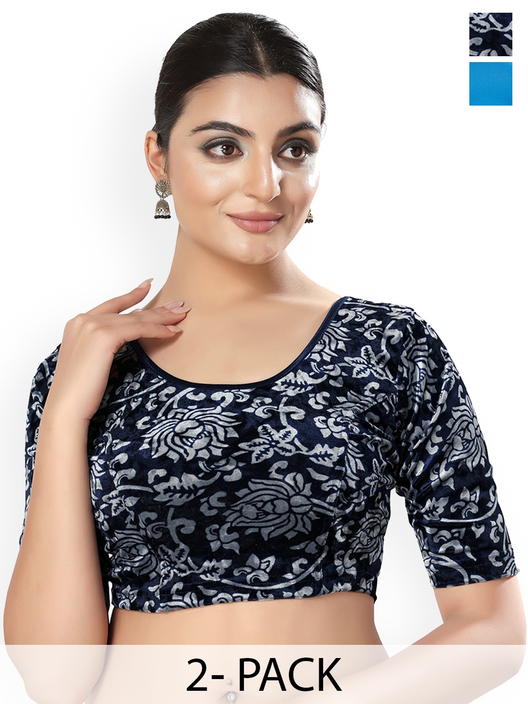 

SALWAR STUDIO Pack Of 2 Printed Saree Blouse, Navy blue