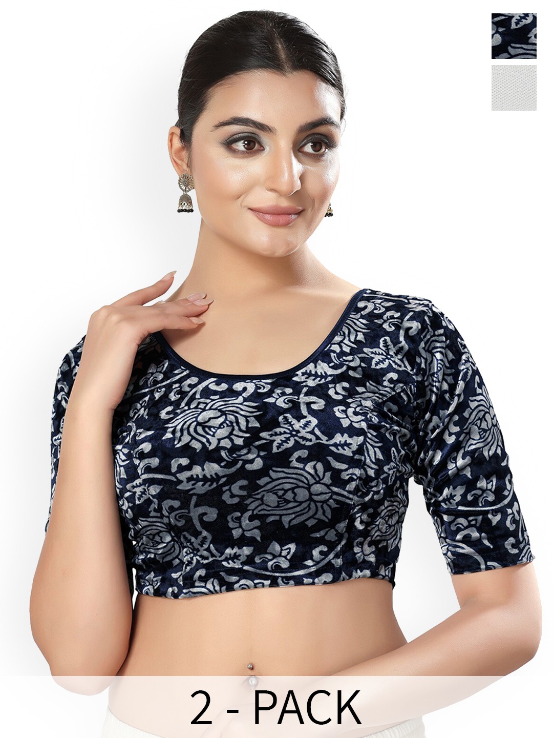 

SALWAR STUDIO Pack Of 2 Printed Saree Blouse, Navy blue