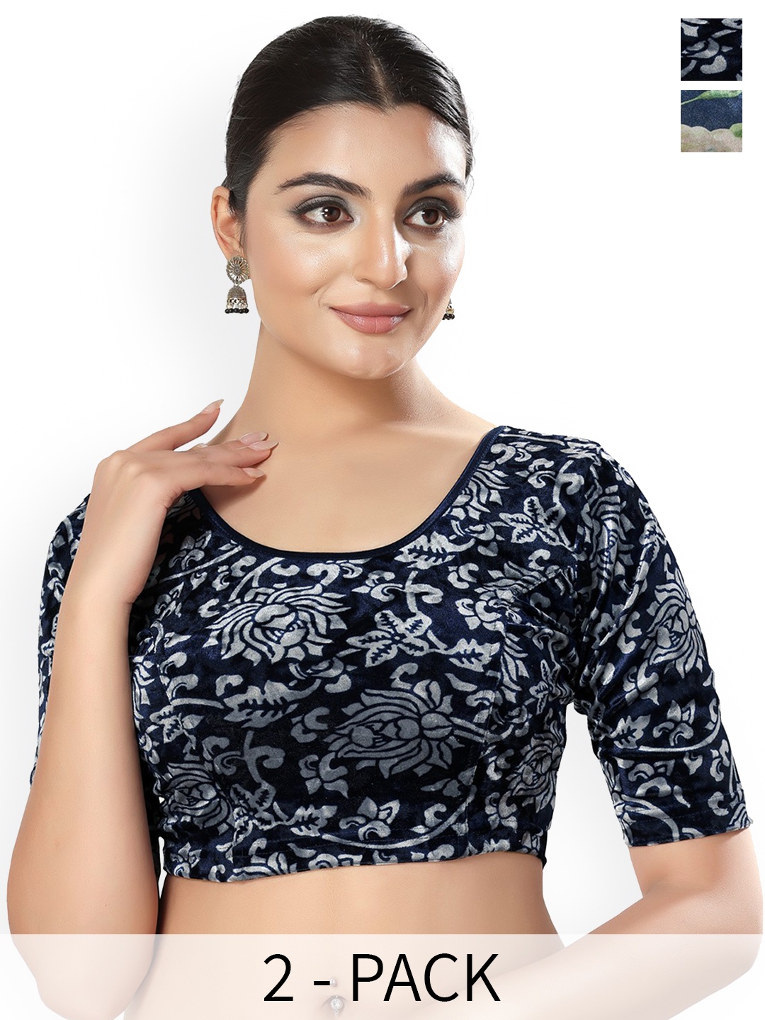 

SALWAR STUDIO Pack Of 2 Printed Round Neck Saree Blouses, Navy blue