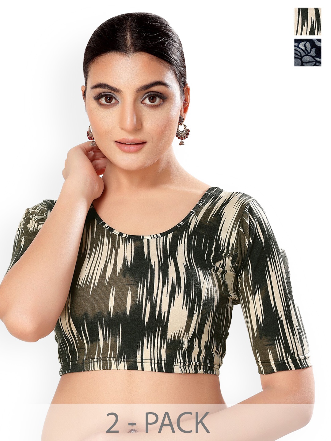 

SALWAR STUDIO Pack Of 2 Printed Saree Blouse, Navy blue
