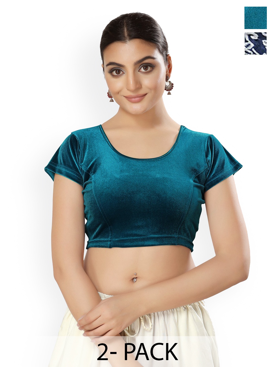 

SALWAR STUDIO Pack Of 2 Printed Saree Blouse, Navy blue