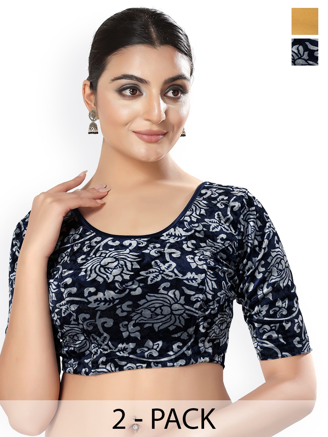 

SALWAR STUDIO Pack Of 2 Round Neck Saree Blouses, Navy blue