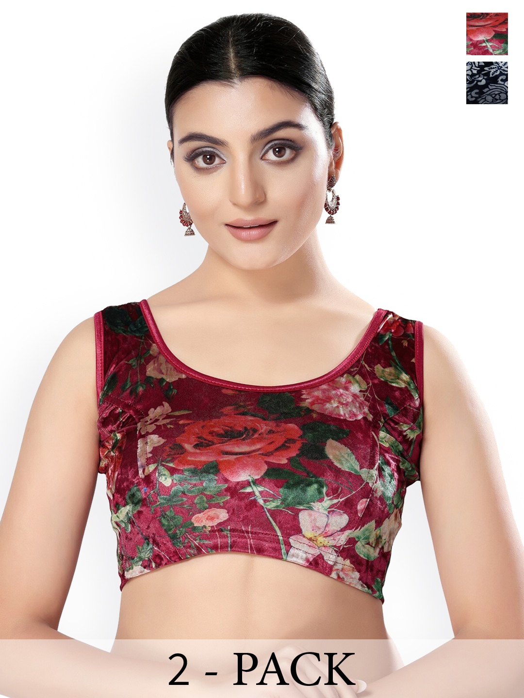 

SALWAR STUDIO Pack Of 2 Printed Saree Blouse, Maroon