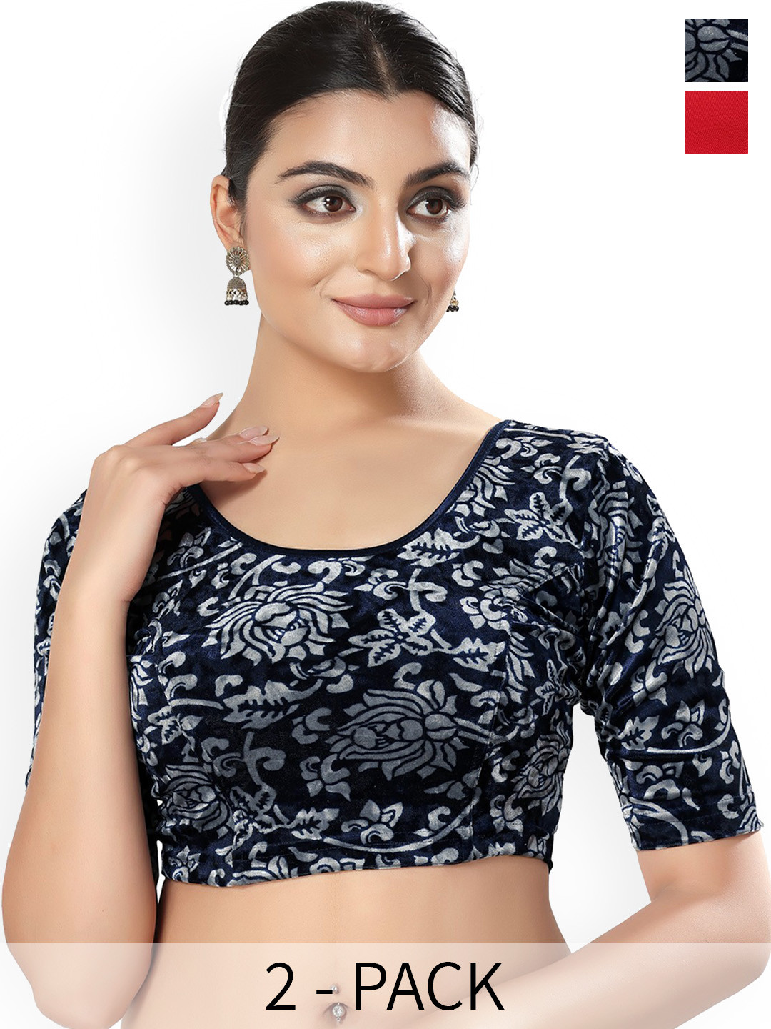 

SALWAR STUDIO Pack Of 2 Printed Saree Blouse, Navy blue