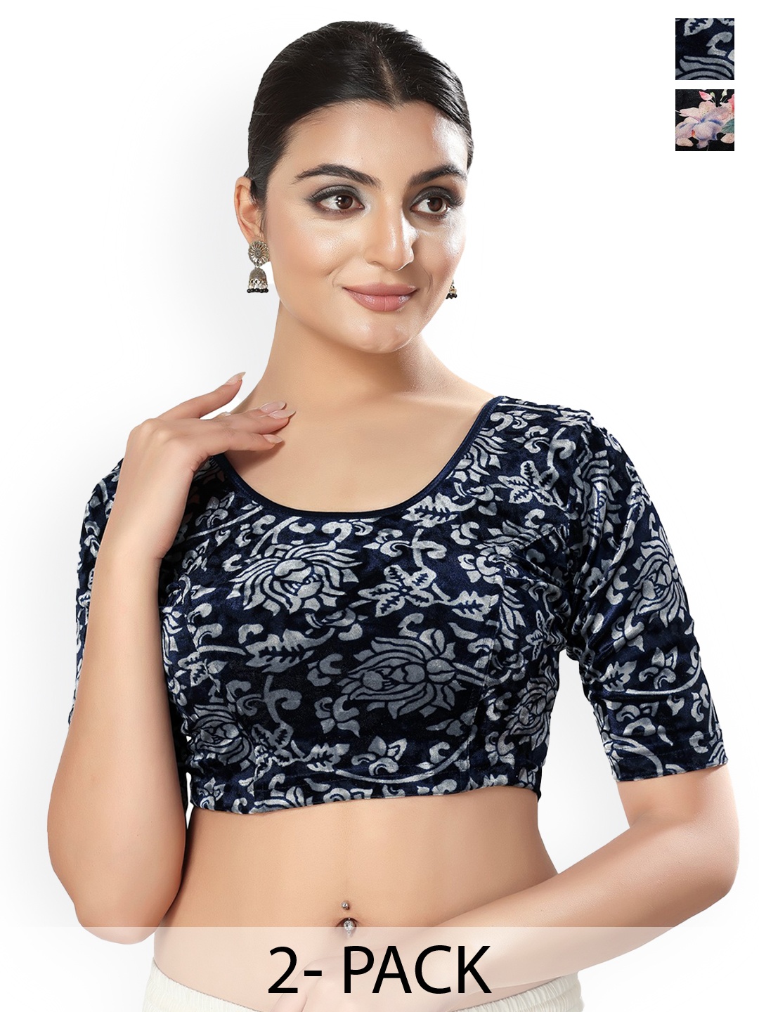 

SALWAR STUDIO Pack Of 2 Printed Round Neck Saree Blouses, Navy blue