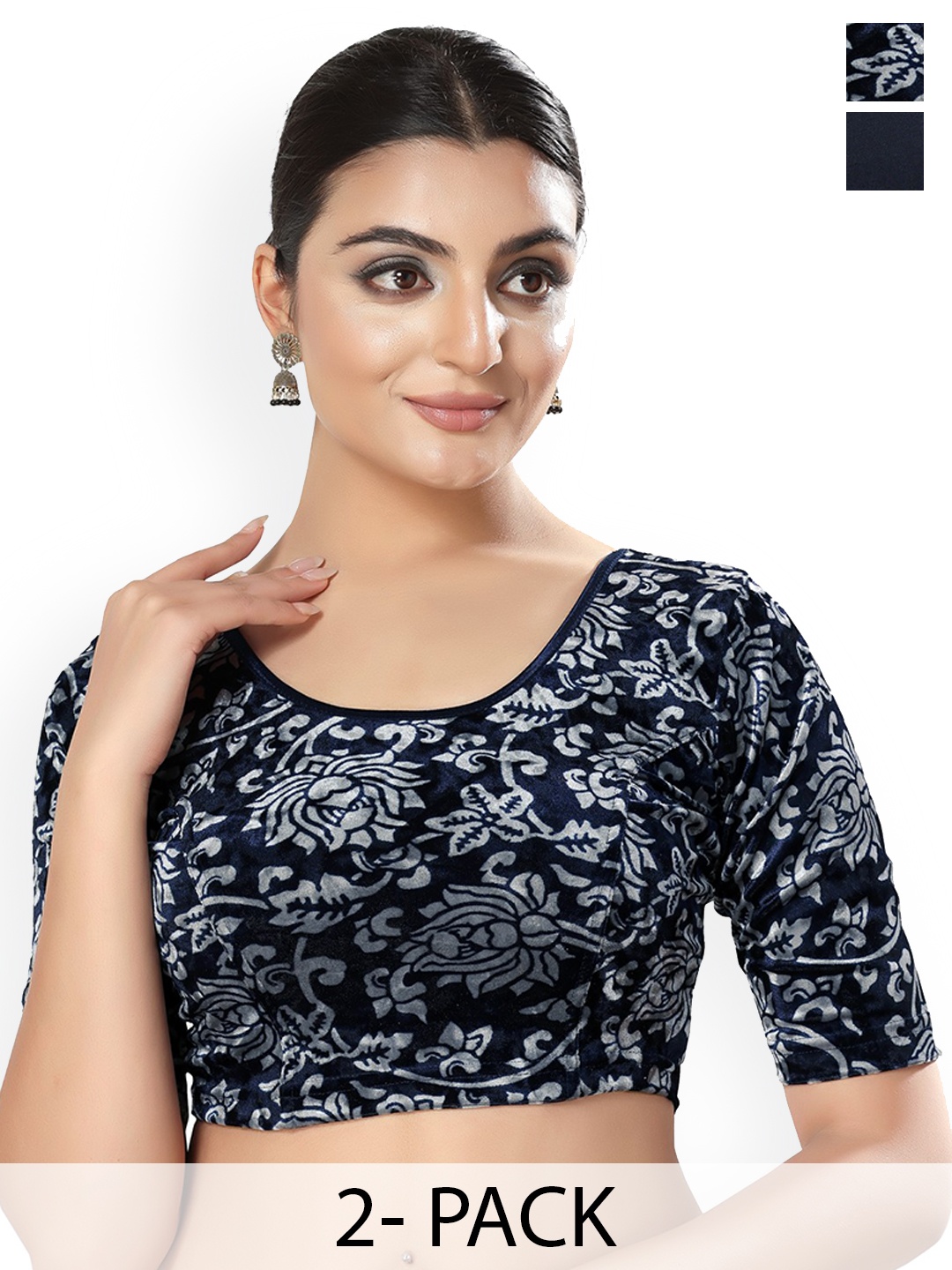 

SALWAR STUDIO Pack Of 2 Printed Saree Blouse, Navy blue