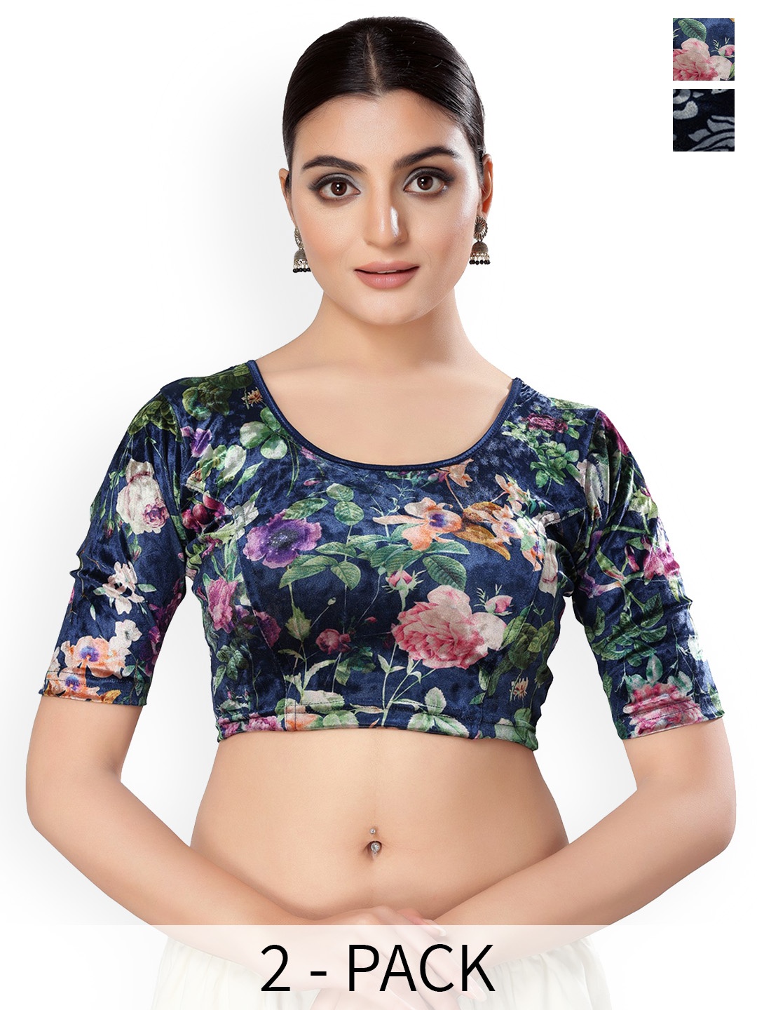 

SALWAR STUDIO Pack Of 2 Printed Saree Blouse, Navy blue