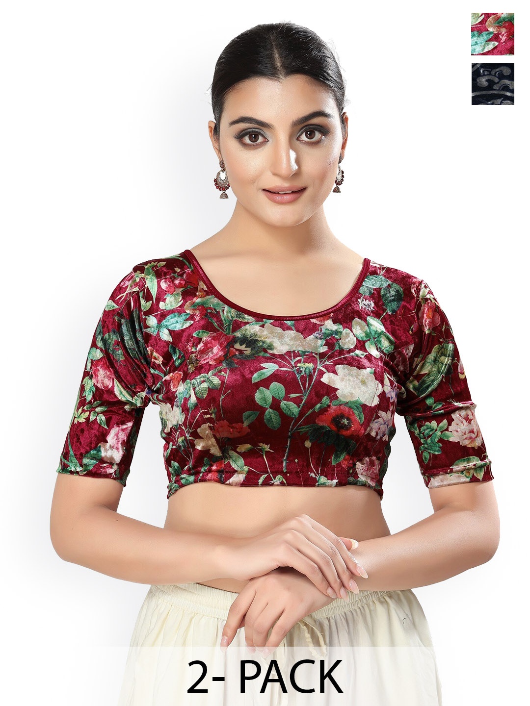 

SALWAR STUDIO Pack Of 2 Printed Round Neck Saree Blouses, Maroon
