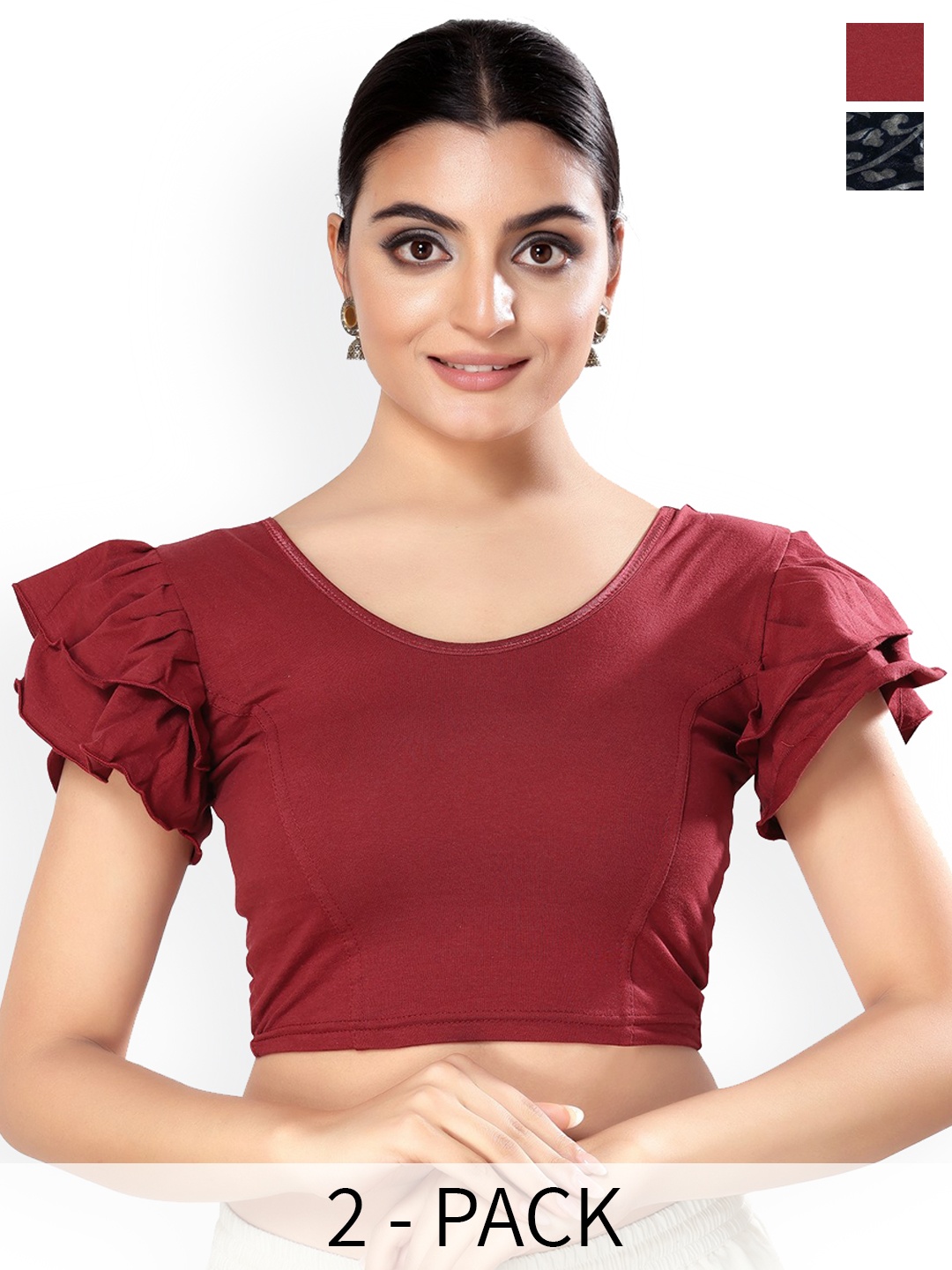 

SALWAR STUDIO Pack Of 2 Printed Saree Blouse, Maroon