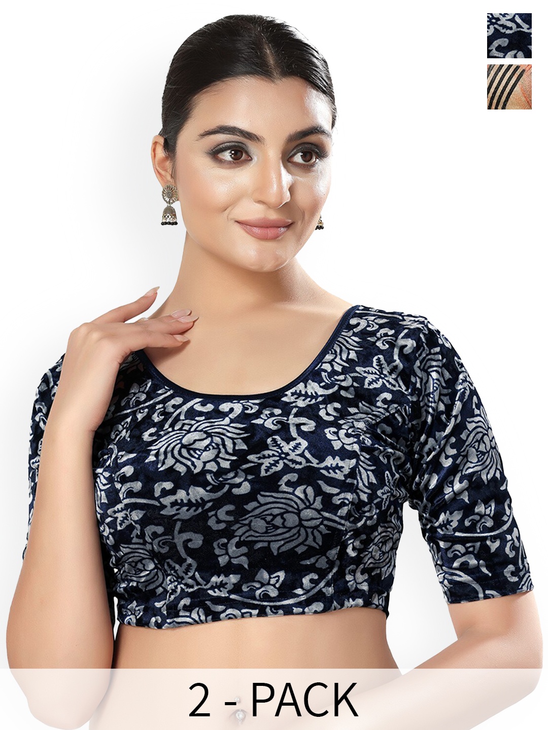 

SALWAR STUDIO Pack Of 2 Printed Saree Blouses, Navy blue