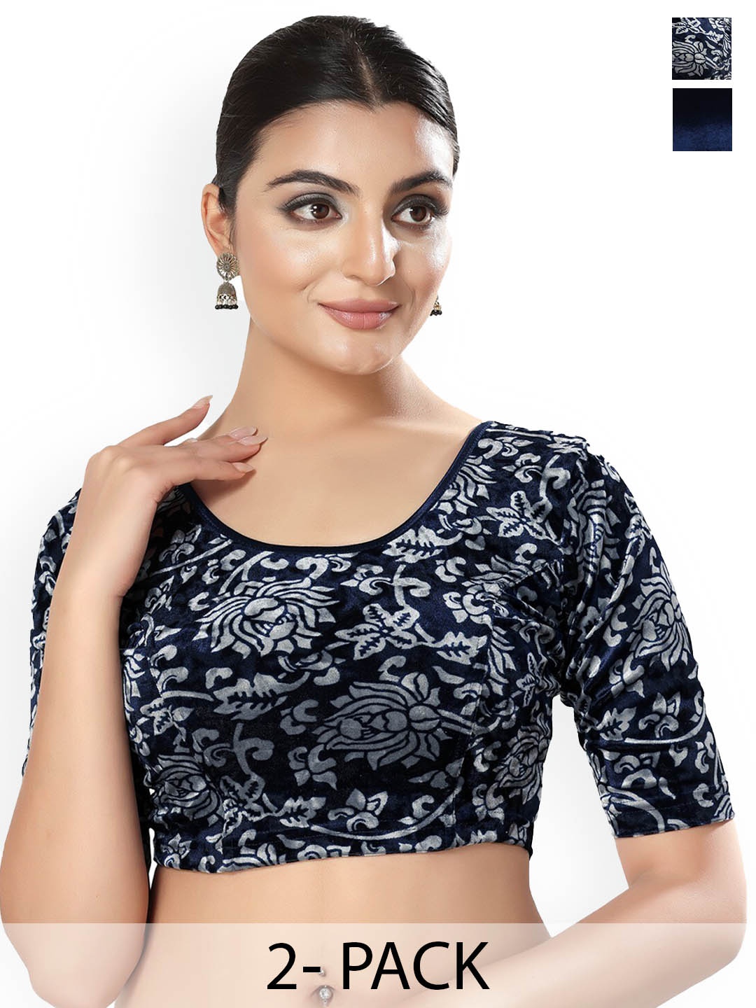 

SALWAR STUDIO Pack Of 2 Round Neck Saree Blouses, Navy blue