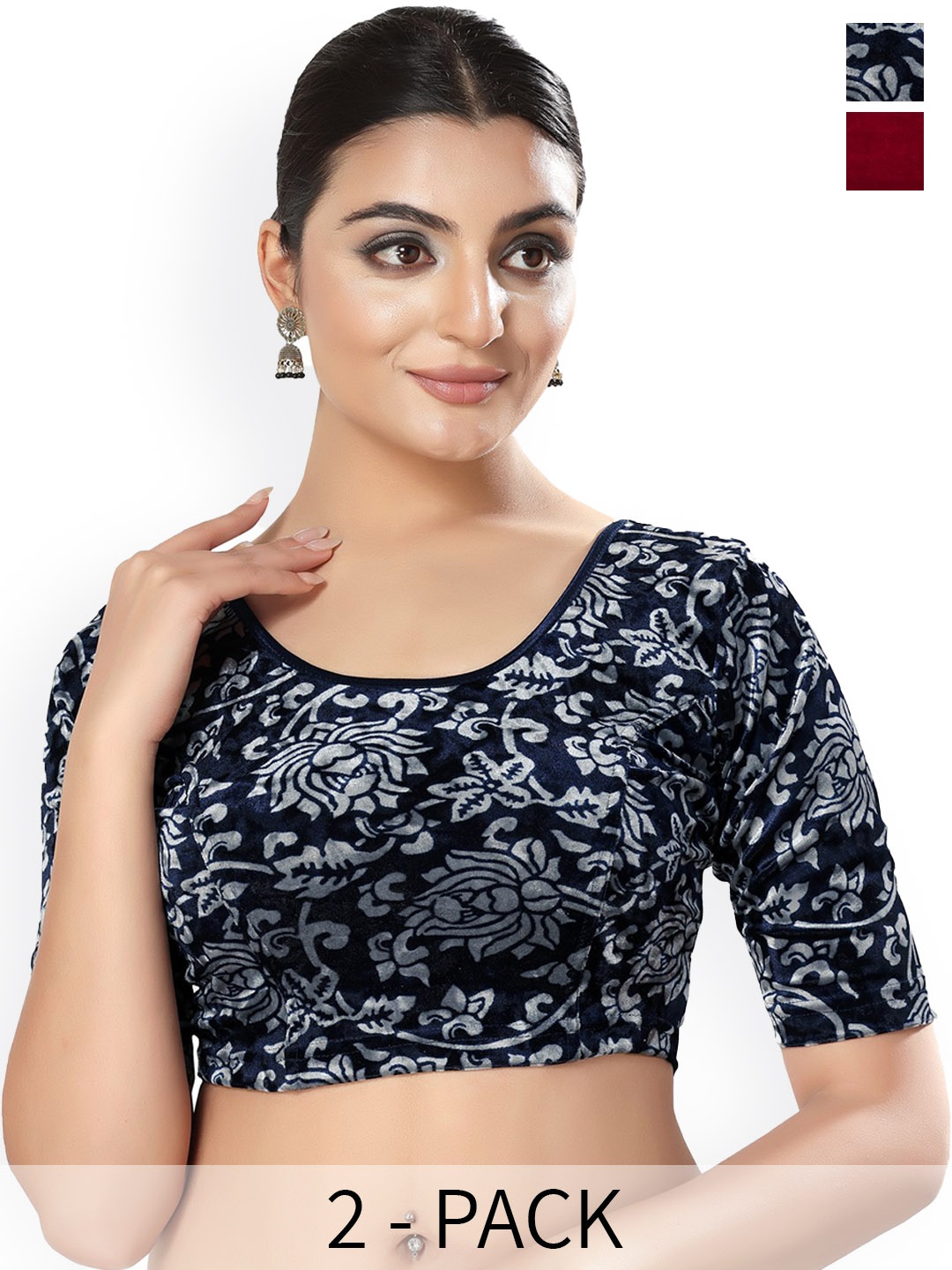 

SALWAR STUDIO Pack Of 2 Printed Saree Blouse, Navy blue