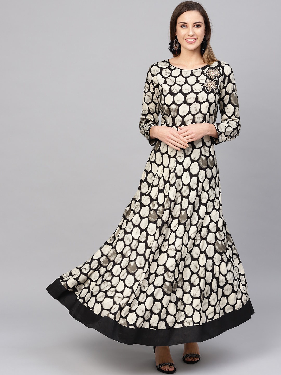 

KALINI Geometric Printed Keyhole Neck Embroidered Anarkali Kurta, Black