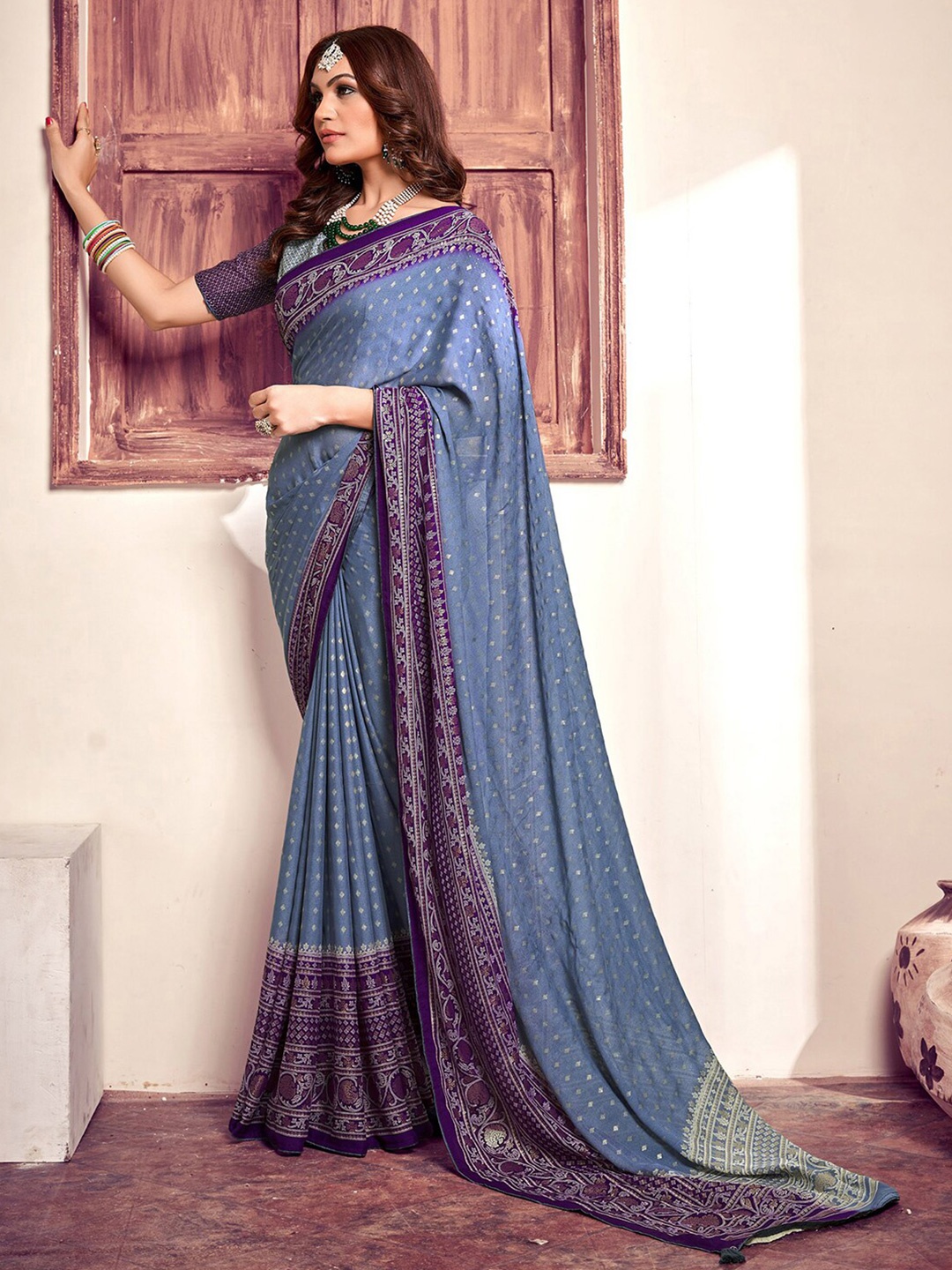 

Mitera Polka Dot Printed Zari Saree, Blue