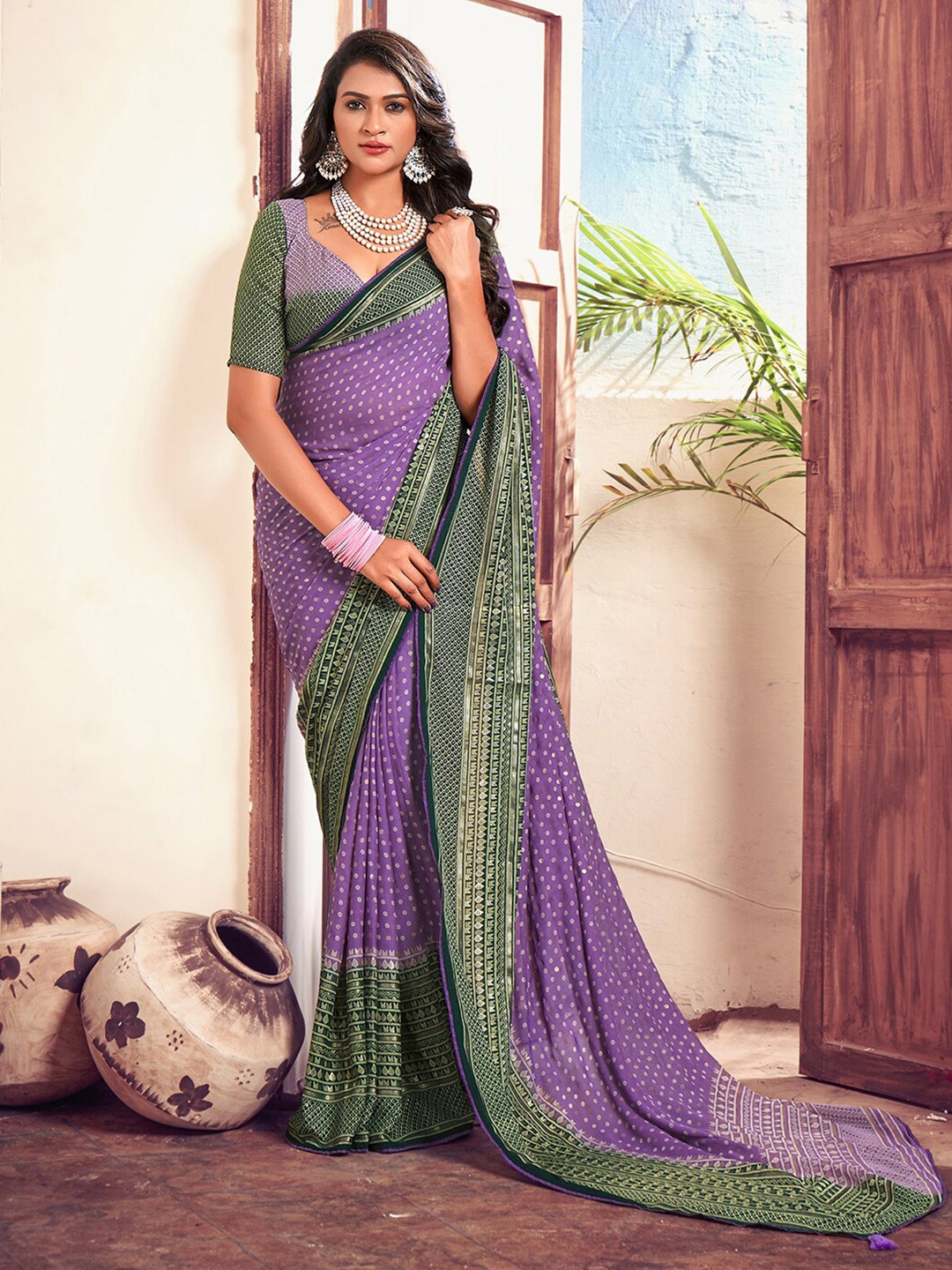 

Mitera Polka Dot Printed Zari Saree, Lavender