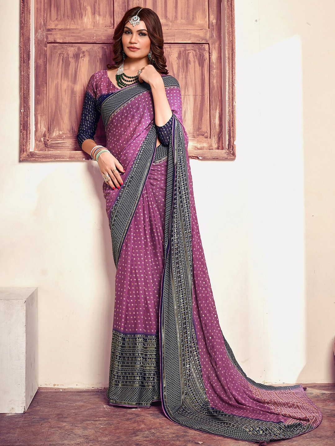 

Mitera Polka Dot Printed Zari Saree, Pink