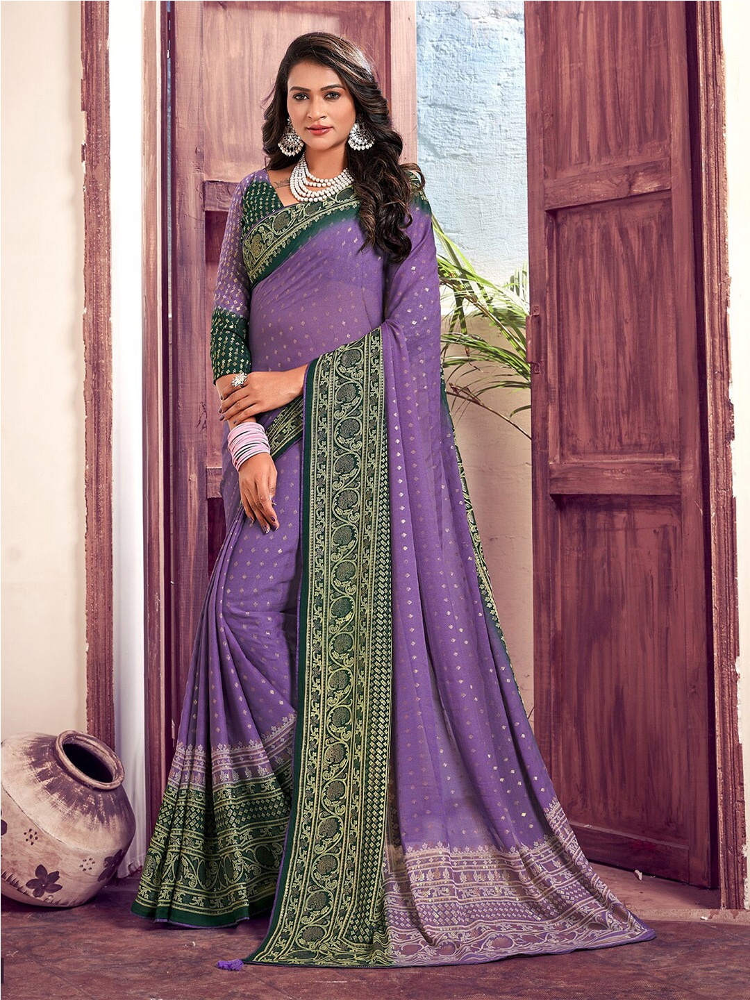 

Mitera Polka Dot Printed Zari Saree, Lavender