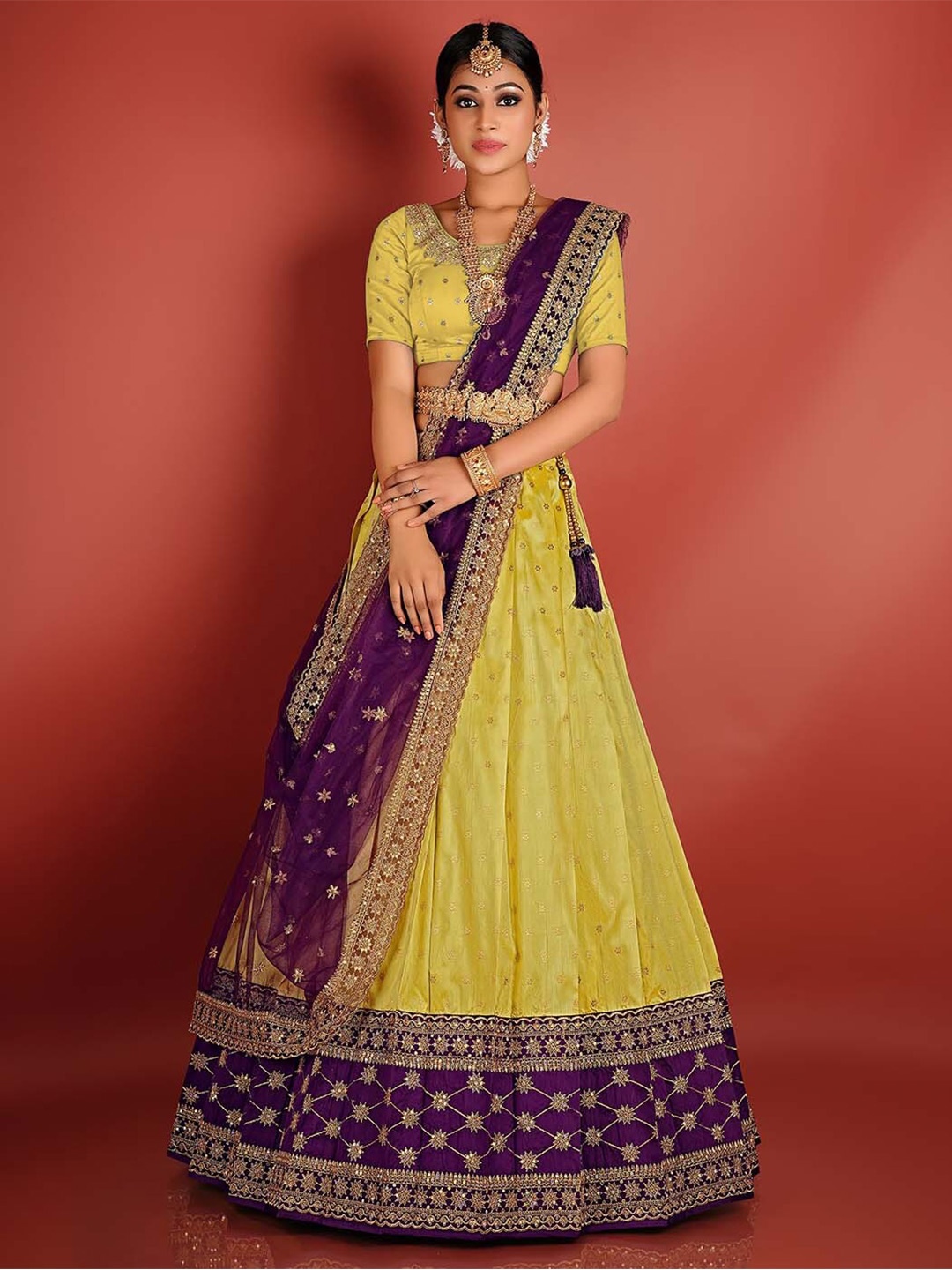 

HALFSAREE STUDIO Yellow & Semi-Stitched Lehenga & Unstitched Blouse With Dupatta