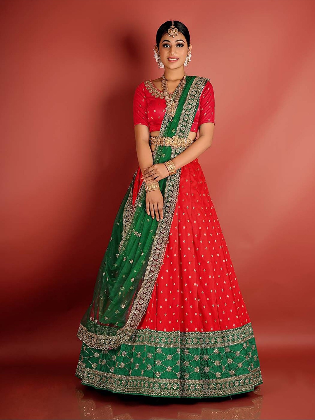 

HALFSAREE STUDIO Red & Semi-Stitched Lehenga & Unstitched Blouse With Dupatta