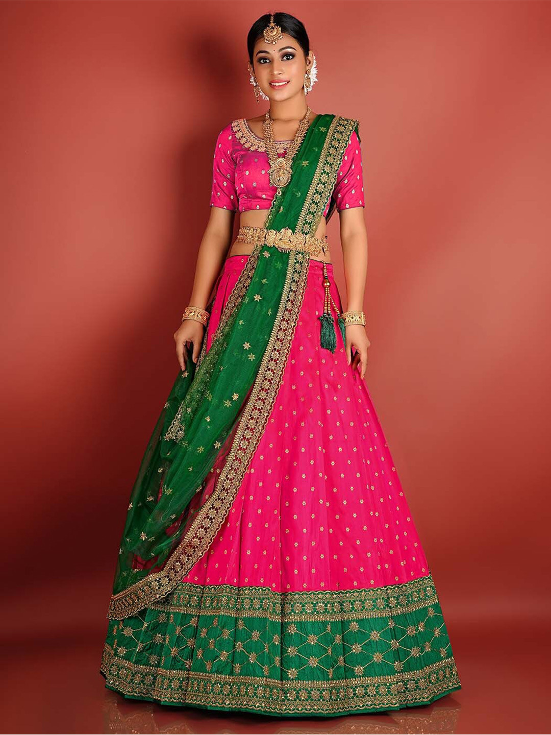

HALFSAREE STUDIO Woven Design Semi-Stitched Lehenga & Unstitched Blouse With Dupatta, Pink