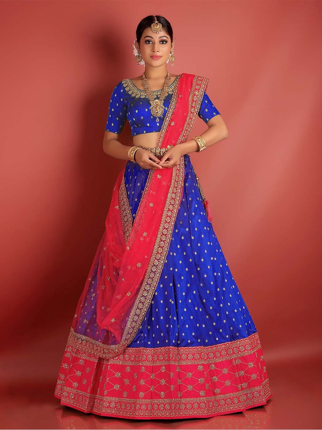 

HALFSAREE STUDIO Blue & Semi-Stitched Lehenga & Unstitched Blouse With Dupatta