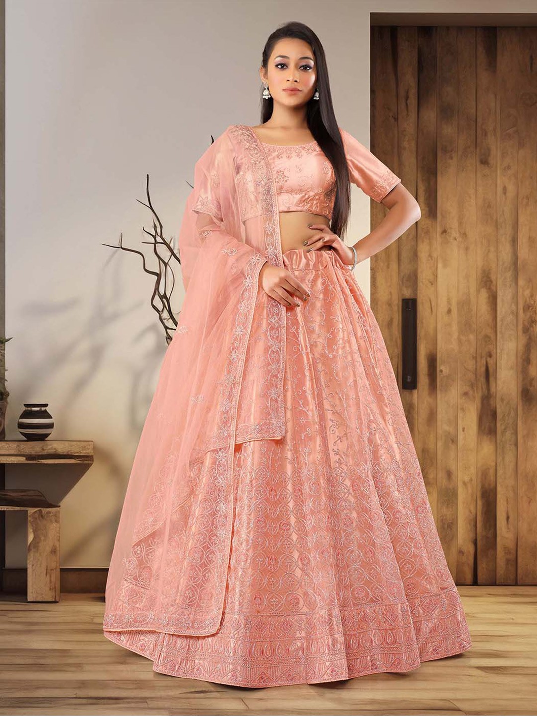 

HALFSAREE STUDIO Peach-Coloured & Embroidered Semi-Stitched Lehenga & Unstitched Blouse With Dupatta