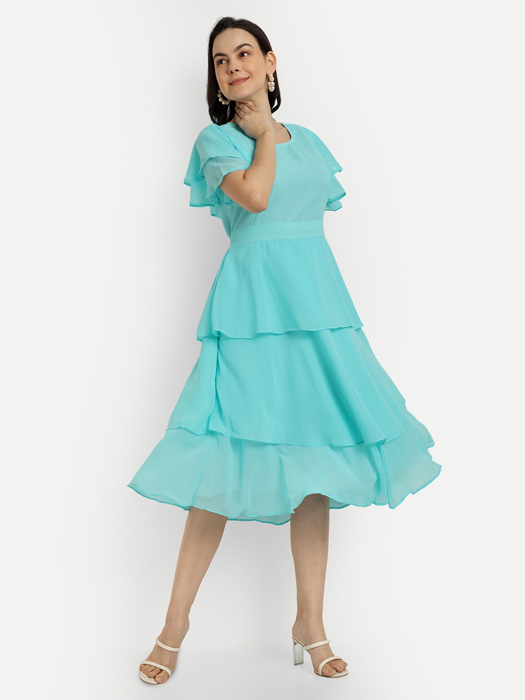 

SHINISHA Flutter Sleeves Georgette One Piece Dress, Blue