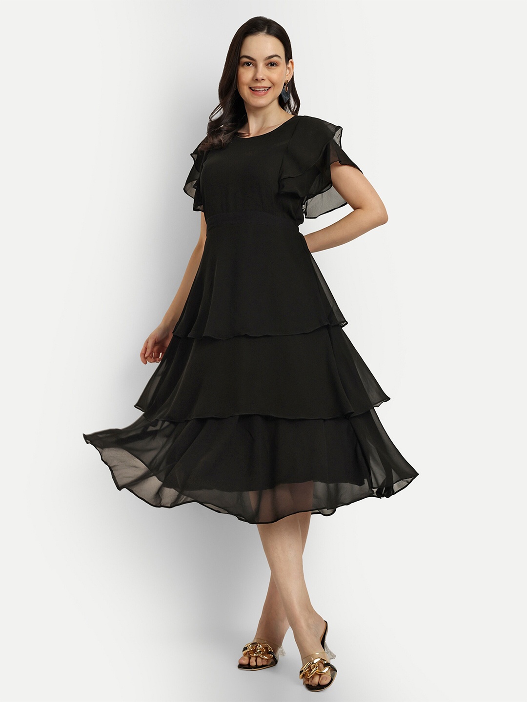 

SHINISHA Flared Sleeve Georgette Fit & Flare Midi Dress, Black
