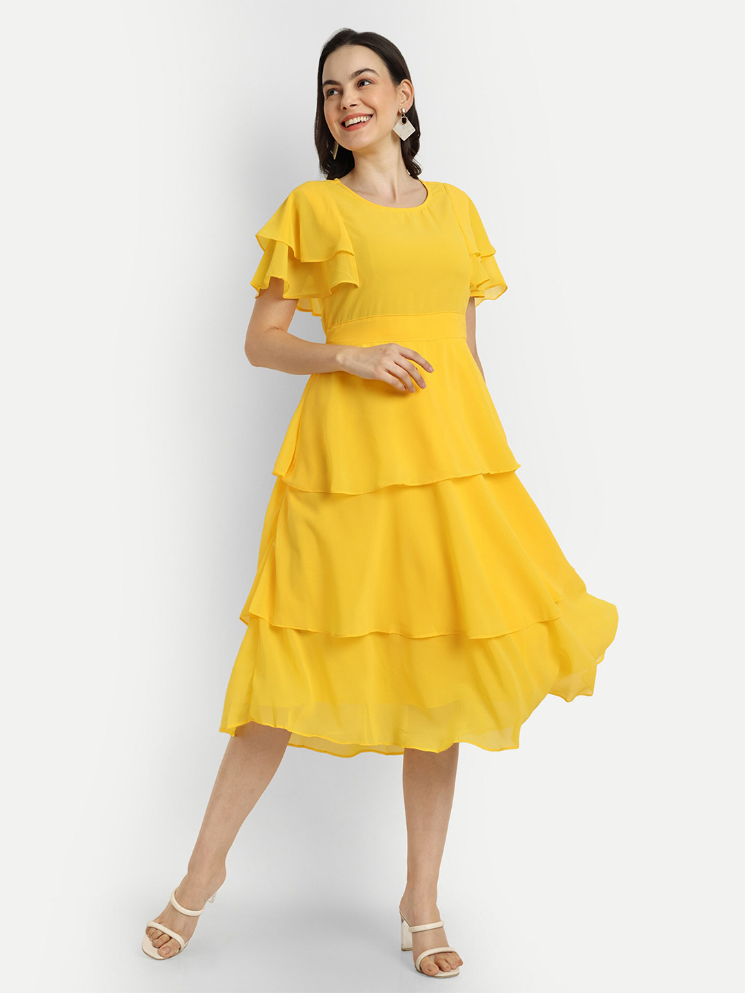 

SHINISHA Flared Sleeve Georgette Fit & Flare Midi Dress, Yellow