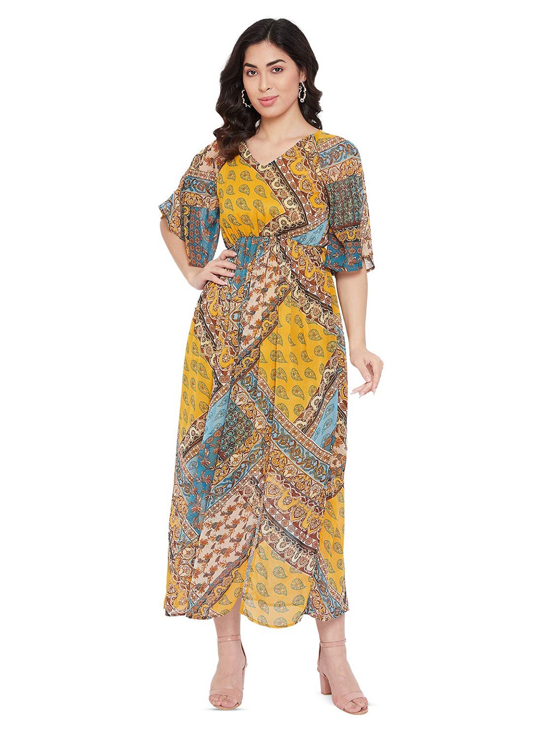 

Crally Ethnic Motif Print V Neck Bell Sleeve Fit & Flare Maxi Dress, Mustard