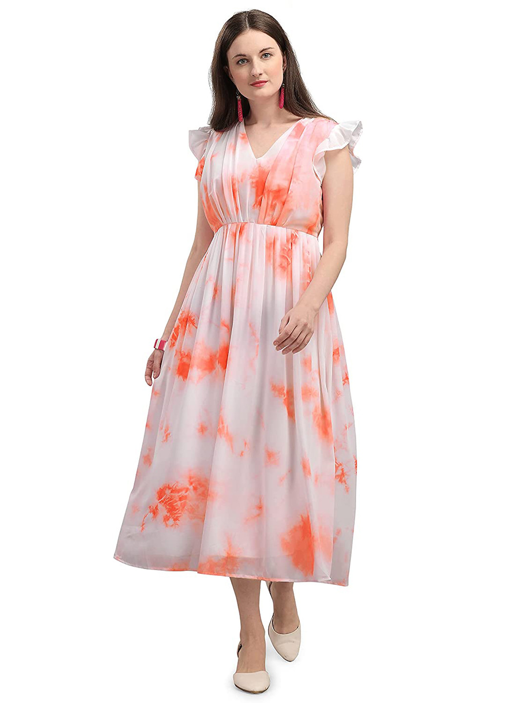 

Crally Dyed V Neck Fit & Flare Flutter Sleeves A-Line Dress, Orange