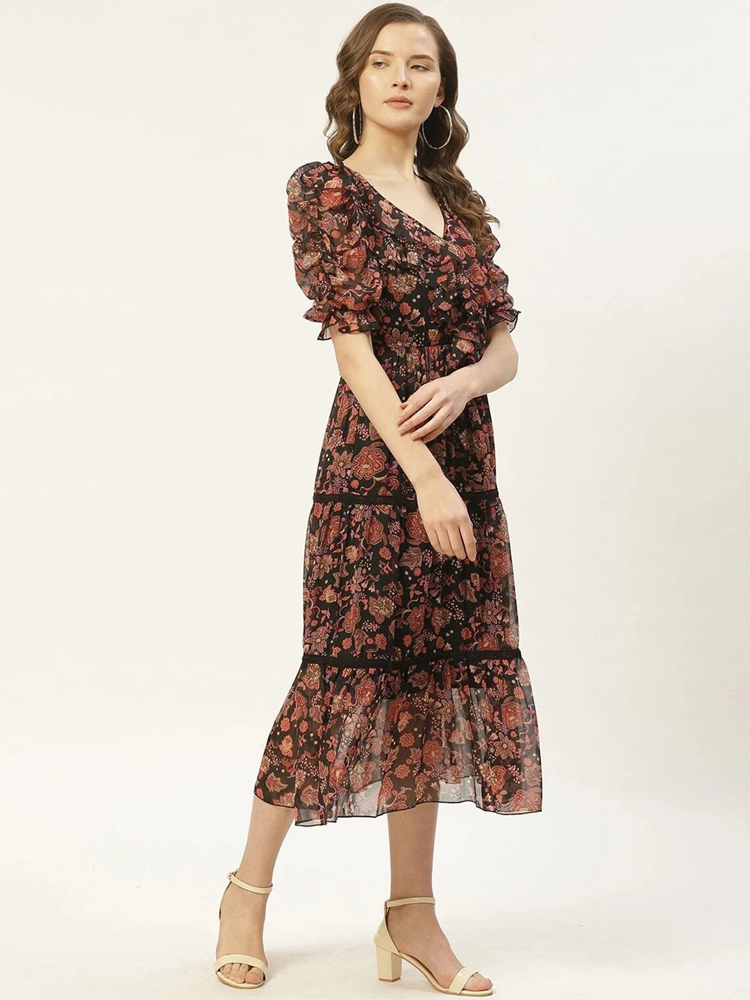 

Crally Print V Neck Puff Sleeve Georgette A-Line Midi Dress, Black