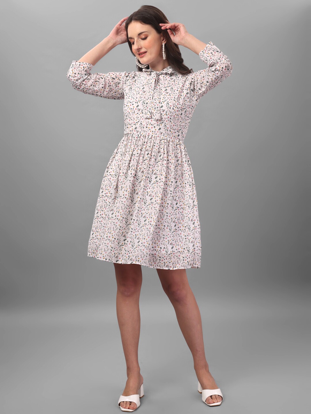 

Crally Tie-Up Neck Three-Quarter Sleeves Floral Print Fit & Flare Dress, White