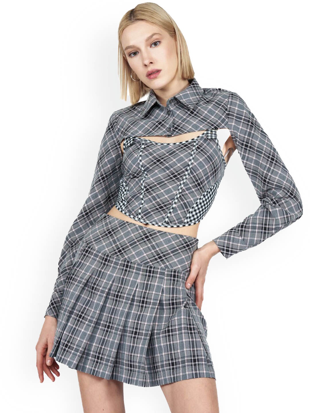 

COVER STORY Checked Flared Mini Skirt, Grey