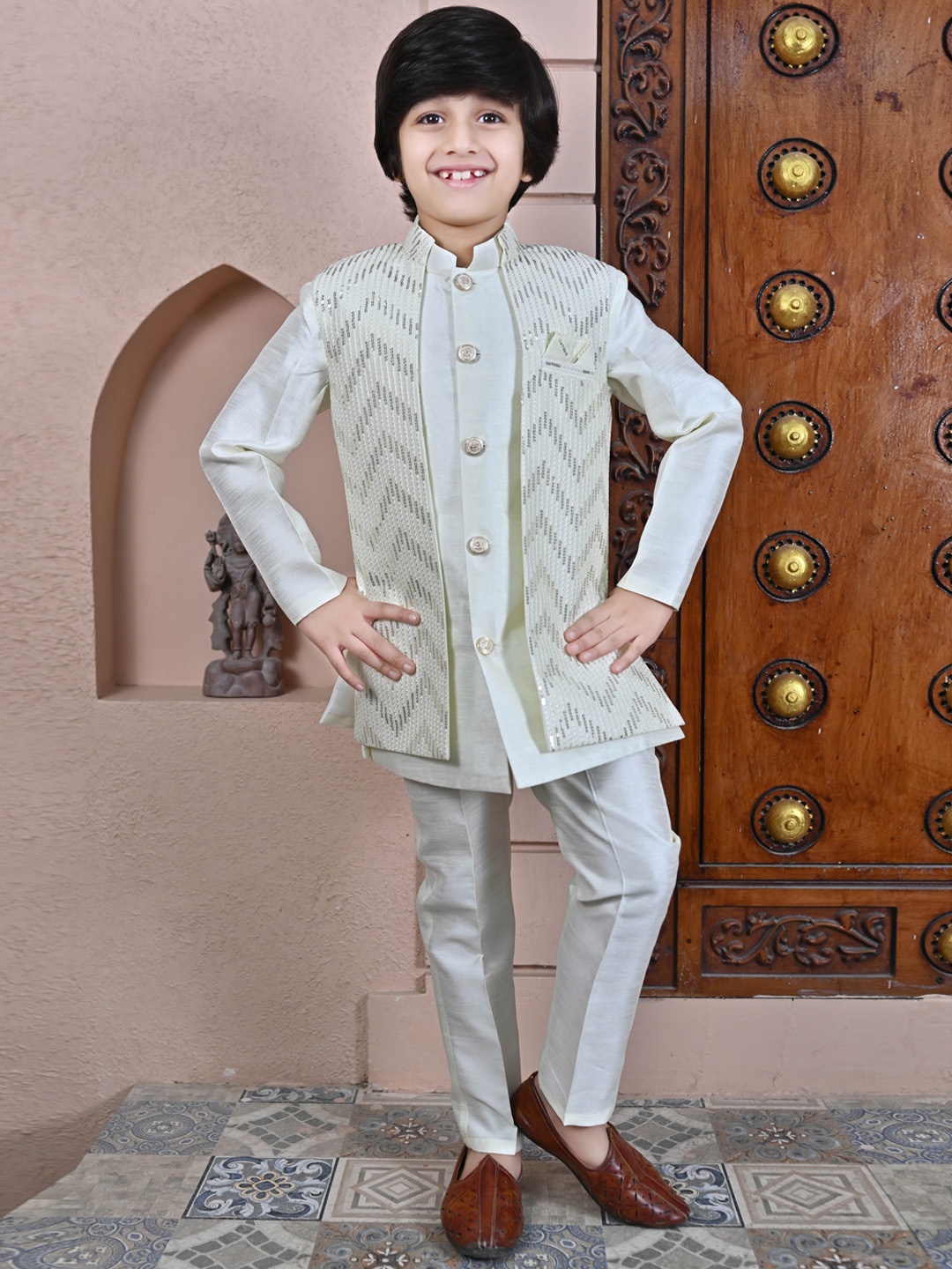 

ahhaaaa Boys Sequinned Ethnic Motifs Printed Kurta with Trousers & Waistcoat, Beige
