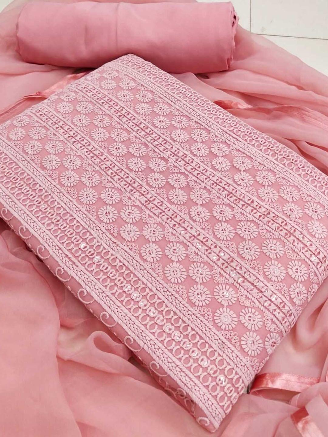 Panzora Floral Embroidered Sequinned Unstitched Dress Material, Pink