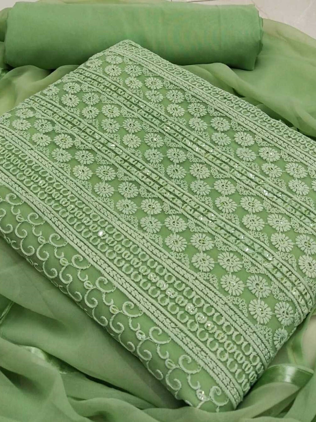 

Panzora Floral Embroidered Sequinned Unstitched Dress Material, Green