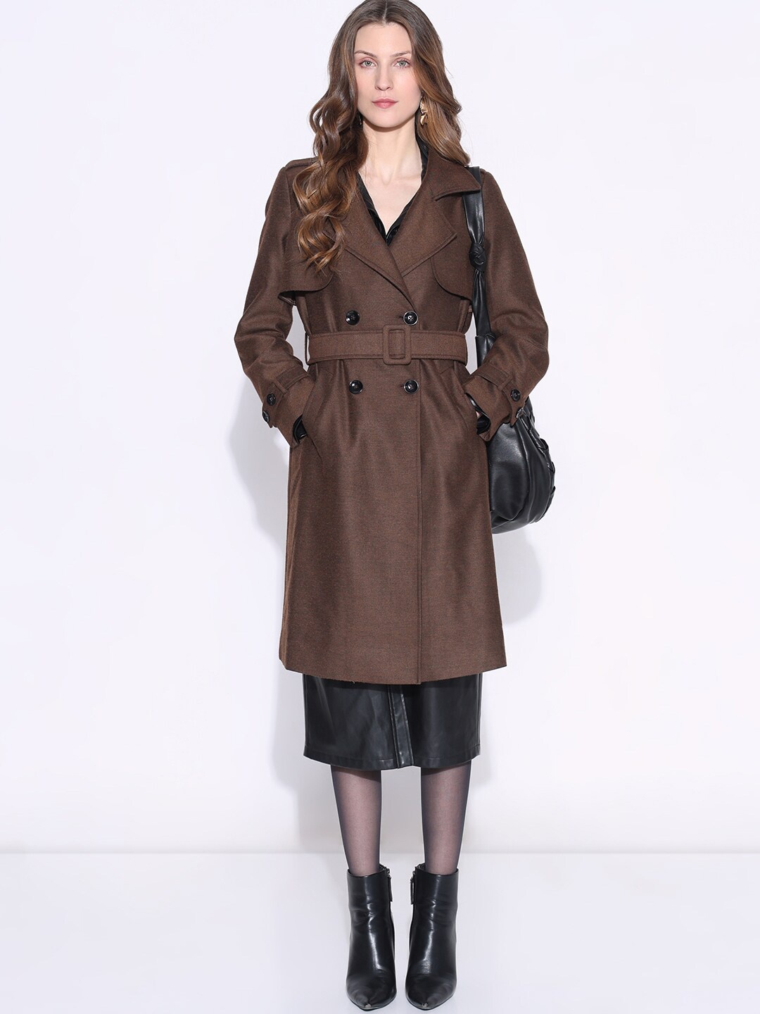 

Vero Moda Notched Lapel Collar Double-Breasted Longline Trench Coat With Belt, Brown