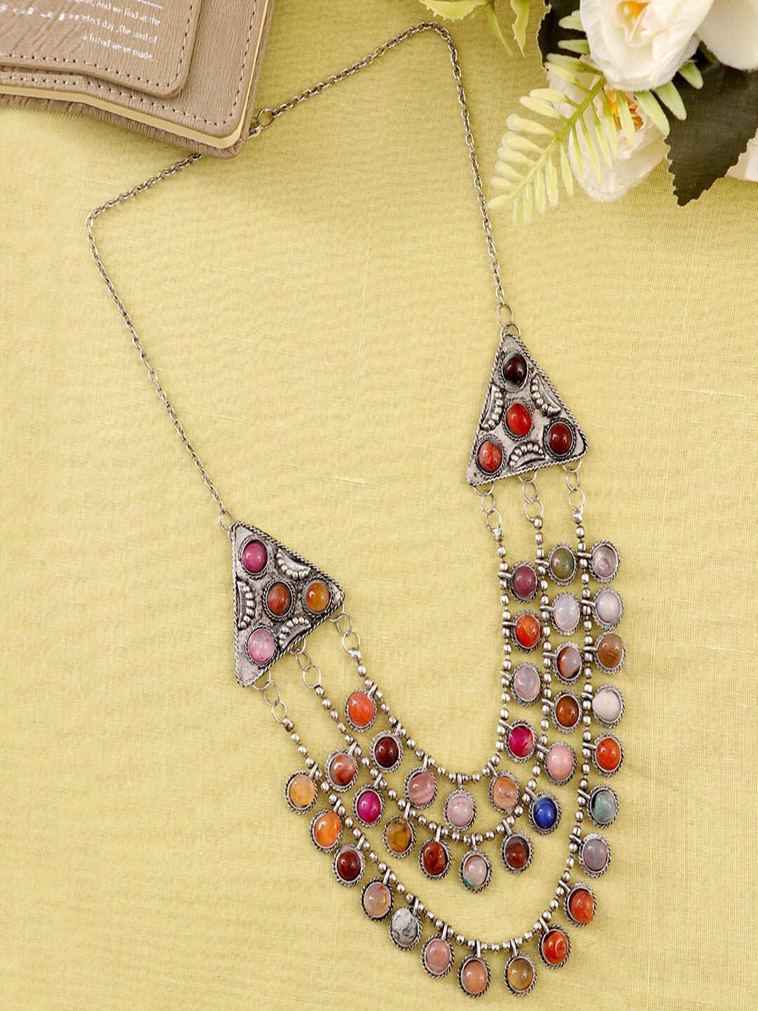 

UNIVERSITY TRENDZ Silver Plated Oxidised Beaded Layered Necklace
