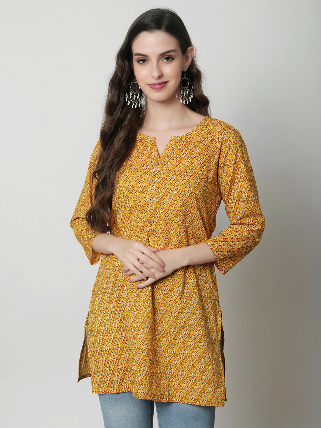 

KALINI Floral Printed Pure Cotton Kurti, Mustard