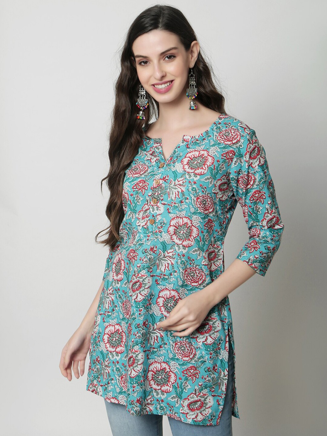 

KALINI Ethnic Motifs Printed Pure Cotton Kurti, Sea green