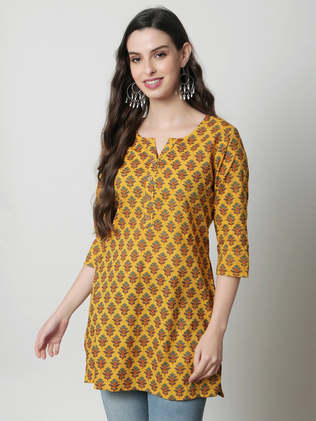 

KALINI Ethnic Motifs Printed Pure Cotton Kurti, Mustard