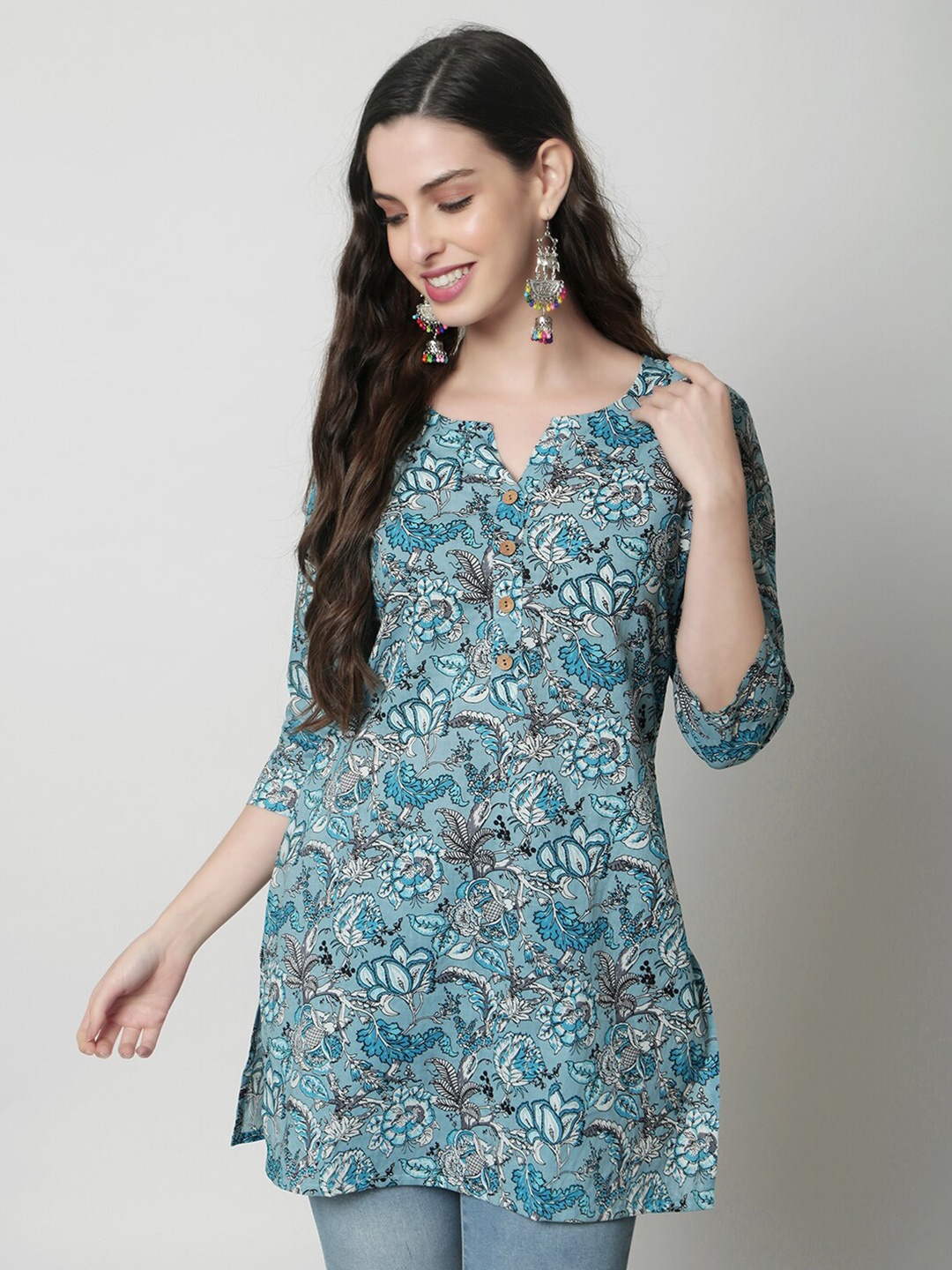 

KALINI Ethnic Motifs Printed Pure Cotton Kurti, Sea green